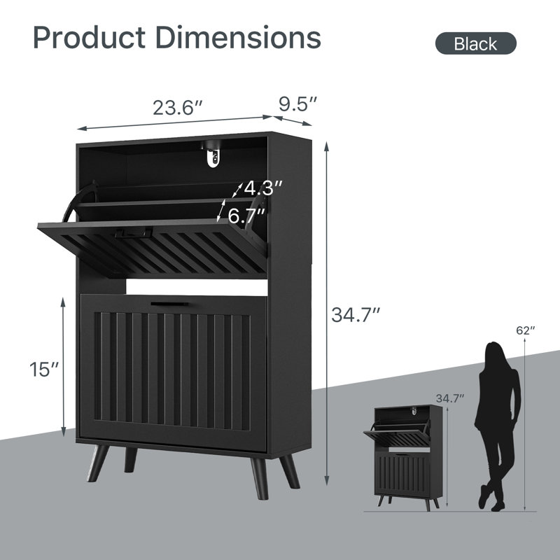 Shoe Storage Cabinet with 2 Flip Drawers, Modern Freestanding Organizer with Adjustable Shelf, Narrow Shoe Rack Cabinet for Entryway, Black