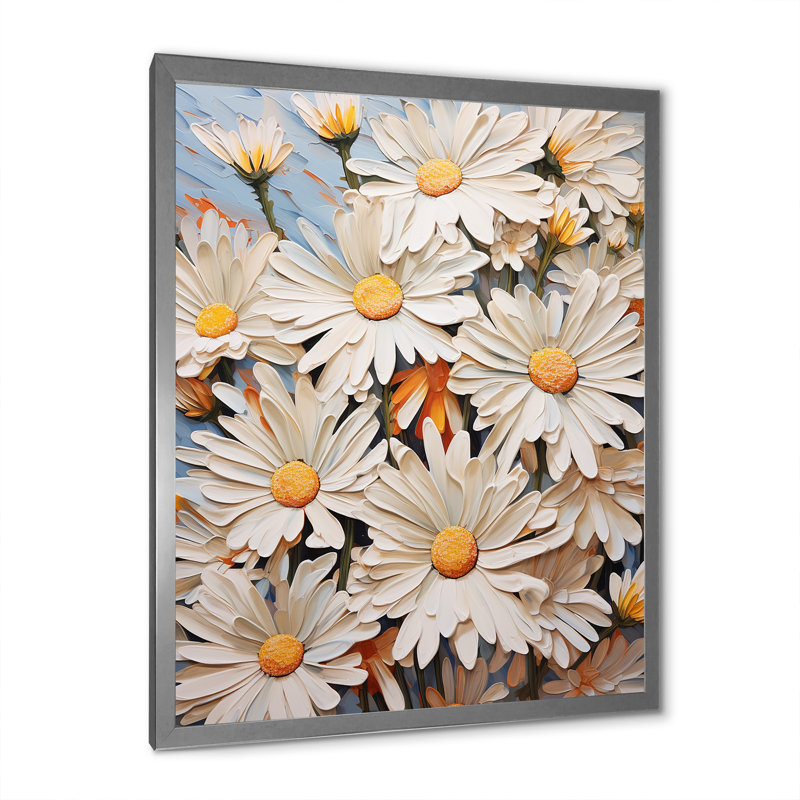 Motif de marguerites blanches élégantes - imprimé, Cadre simple argenté, H 32 po x l 16 po x P 1 po