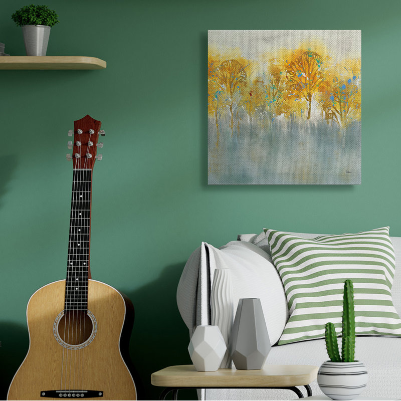 «Wooded Gray Landscape Abstraction Orange Trees» par K. Nari - Peinture, Toile tendue, H 17 po x l 17 po x P 1,5 po