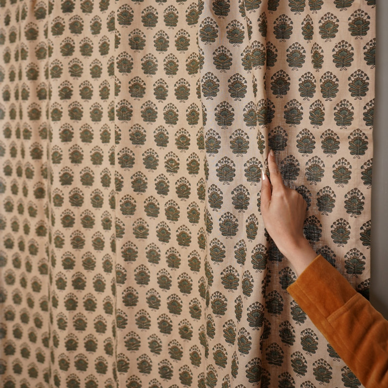 Floral Block Print Linen Curtain Handmade & Eco-Friendly, Bheeshma, Brown, 54" W x 96" L