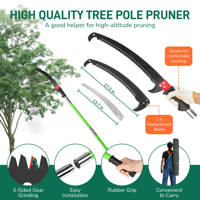 30FT Manual Pole Saw Tree Trimmers Long Handle Pruner Set, Green