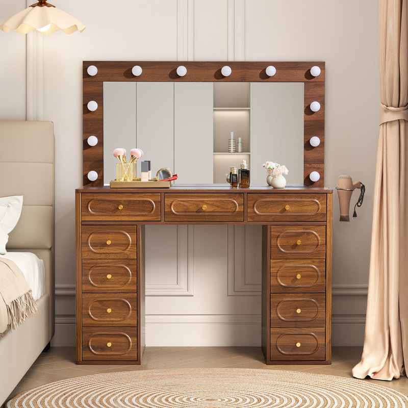 Makeup Vanity With Usb Power Outlet And 3 Modes Adjustable Brightness Light, Walnut