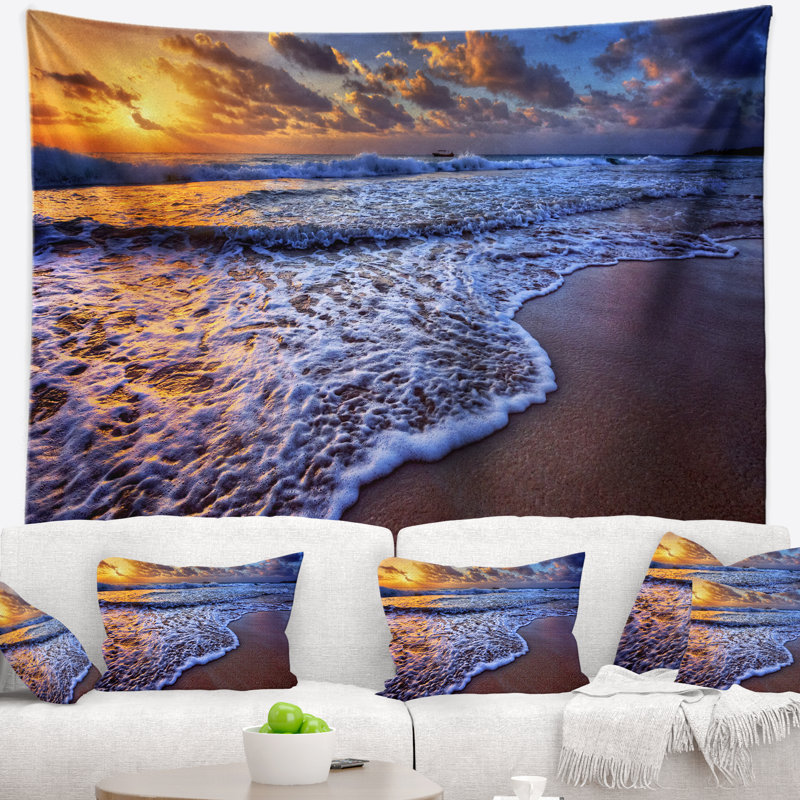 Tapisserie d’ondes de mer en polyester avec des accessoires suspendus de couleur coucher de soleil et de mer avec accessoires suspendus inclus