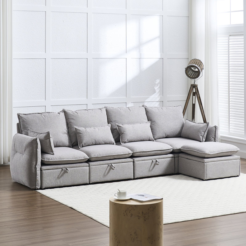 114" 5-Piece Sectional Sofa With Ottoman, Gray Linen