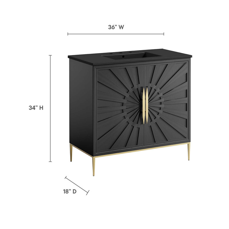 Modway Awaken 36" Black Solid Wood Bathroom Vanity with Gold Accents