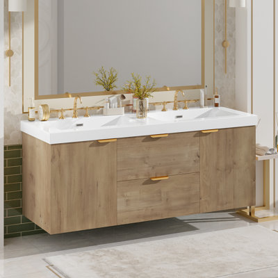 Ensemble de meuble-lavabo double 59,3 po - MDF - 2 pièces - Fixation murale - Bois - Portes à fermeture en douceur et poignées dorées