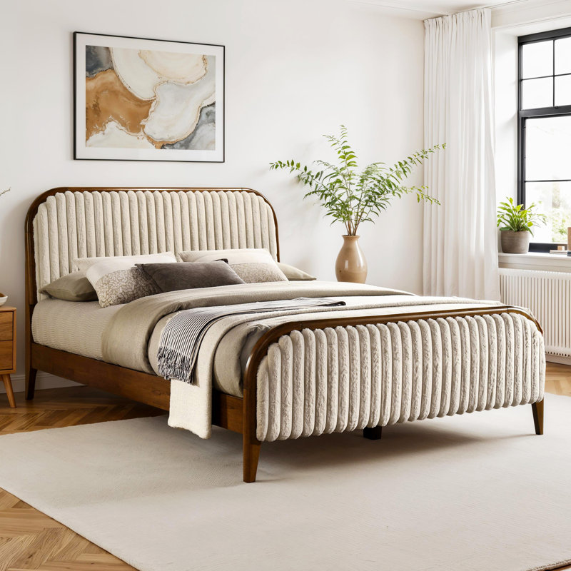 Cossette Daphne Solid Wood Upholstered Platform Bed, Walnut