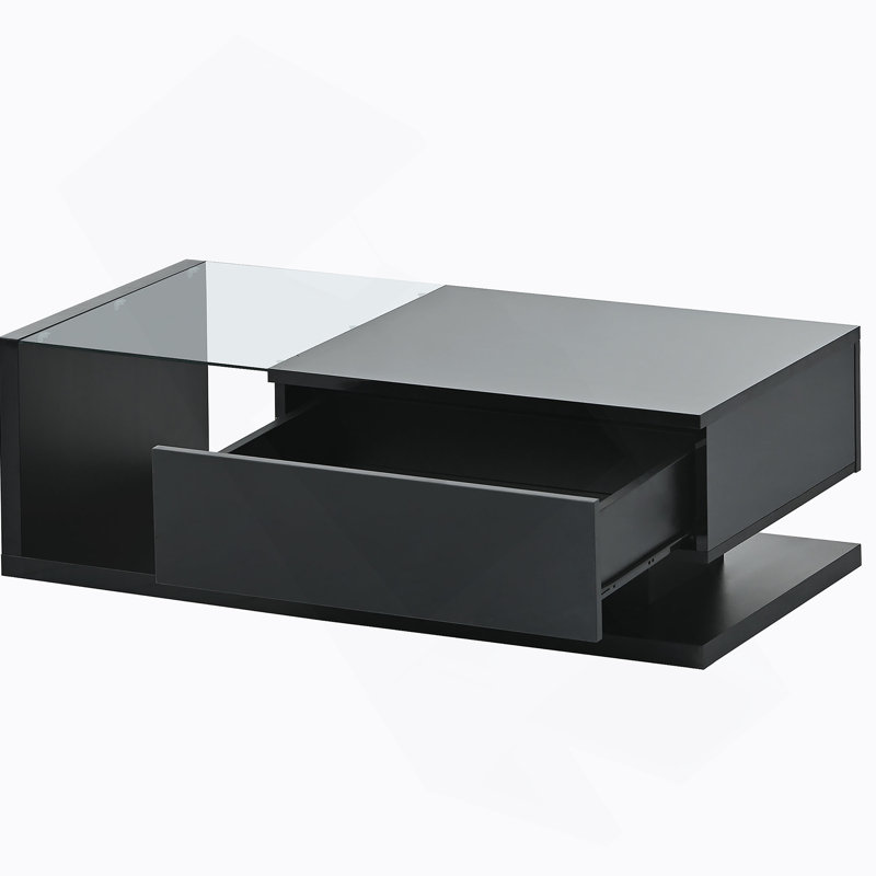 Table basse en verre trempé, table basse en bois pour le salon, Noir