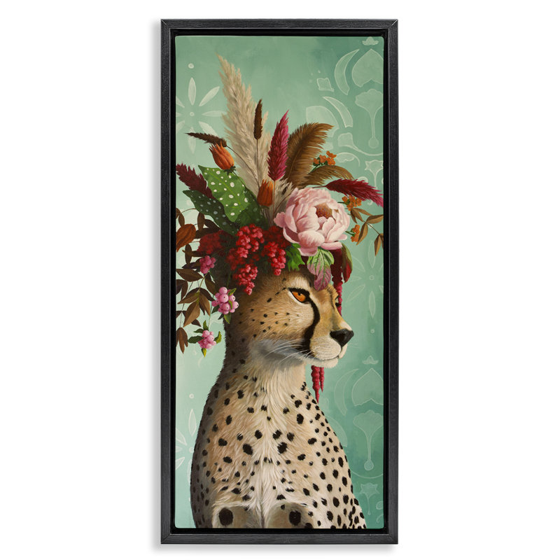 Élégant cadre flottant léopard avec arrangement floral, design par Heather Gauthier, H 25 po x l 11 po