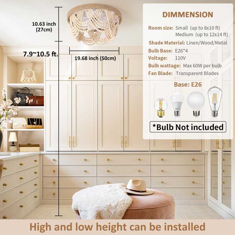 Cage Shaped Wooden Bead Flat Hanging Lamp Ceiling Fan