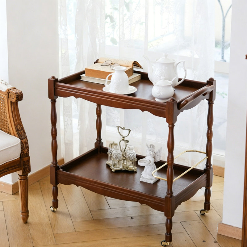 Chariot de service mobile à deux niveaux en bois massif brun vintage de 67 cm (26,38 po)