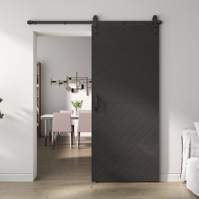 36 po x 84 po Porte de grange coulissante moderne en bois aggloméré laminé noir entièrement assemblée avec ensemble de quincaillerie