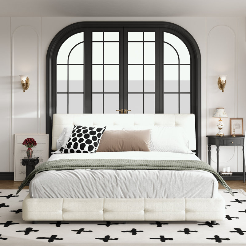 Très grande base de lit en chenille avec tête de lit capitonnée, Beige, Très grand
