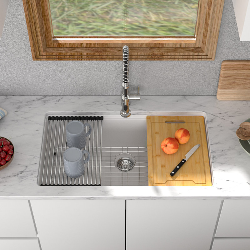 32" L x 19" W Undermount Single Bowl Workstation Sink Quartz Kitchen Sink, White