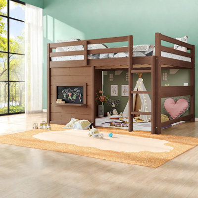 Lit mezzanine double compact, panneau de fibres à densité moyenne en bois de pin, maisonnette rustique pour enfants
