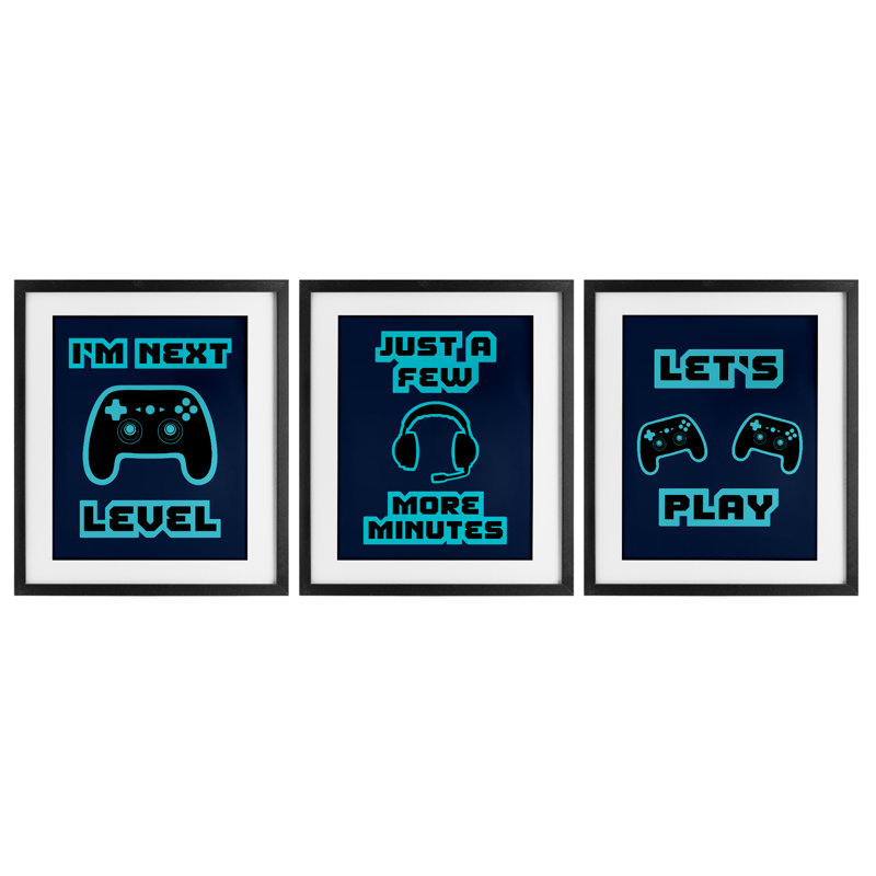 Ensemble de 3 impressions encadrées sous verre rétro Blue Gaming Words, design par Marcus Prime, H 16 po x l 13 po