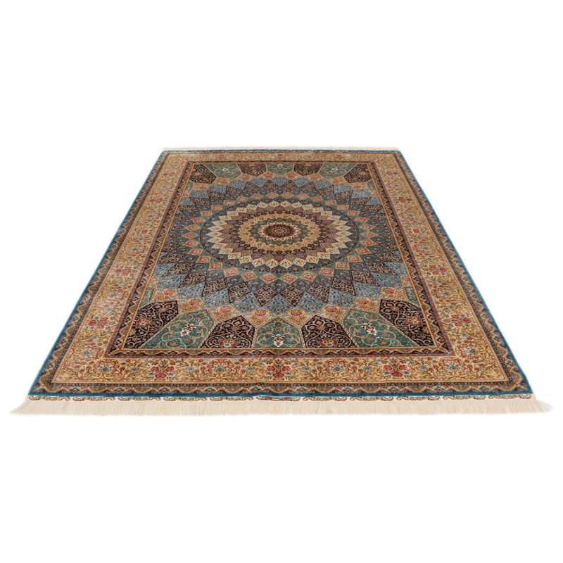 Tapis turc 6x9 bleu clair et ivoire