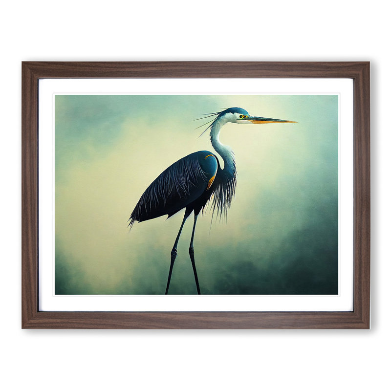 Five Star Heron Bird - Single Picture Frame Painting, 46cm H x 64cm W x 2cm D, Walnut