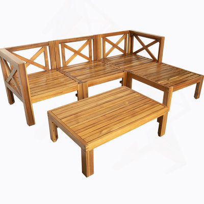Outdoor Backyard Patio Wood 5-Piece Sectional Sofa Seating Group Set With Cushions