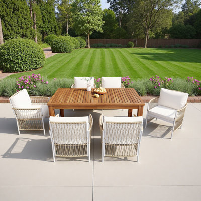 Patio 7Pcs Wooden Dining Table Set, Outdoor 67''L Rectangular Table With 6 Rattan Arm Chairs