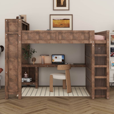 Grand lit mezzanine avec garde-robe de rangement, tablettes et bureau et station de recharge USB, lit mezzanine en bois massif avec bureau, échelle
