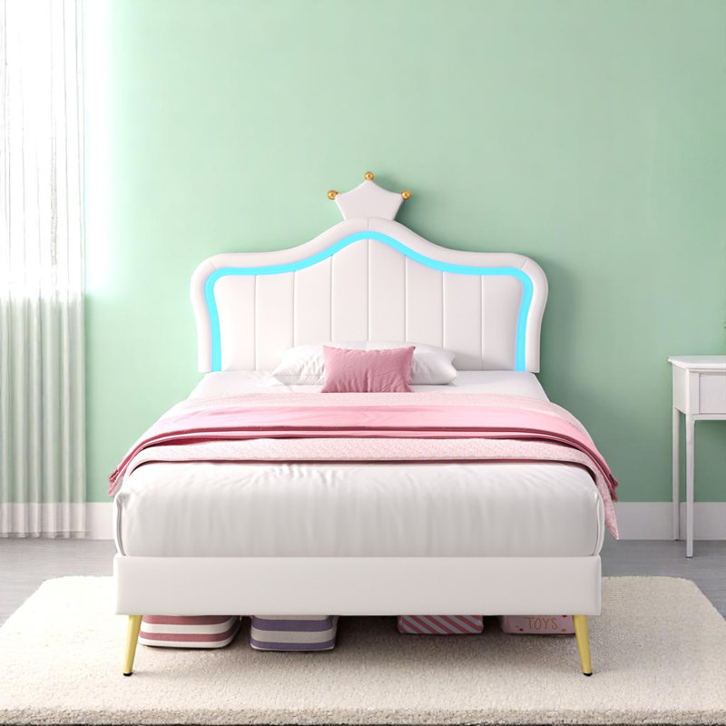 Cream White PU Leather Upholstered Bed With LED Adjustable Headboard, Single (103 x 196 cm)