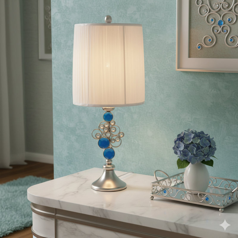Lampe de table 28 "en polyrésine haute" Just Dazzle "avec finition argentée et abat-jour blanc