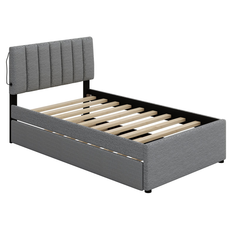 Upholstered Platform Bed With Trundle, Gray