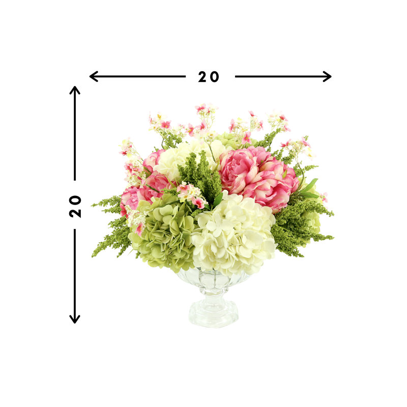 Peonies And Hydrangea Arrangement In A Glass Vase
