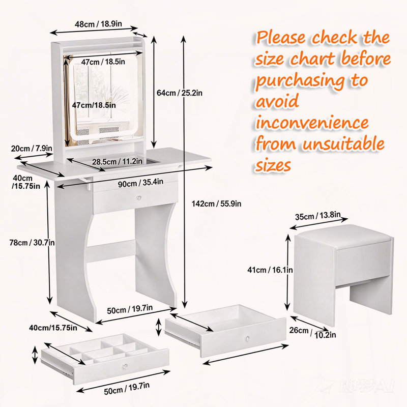 Small Space Vanity Set with Foldable Side Tables and LED Mirror
