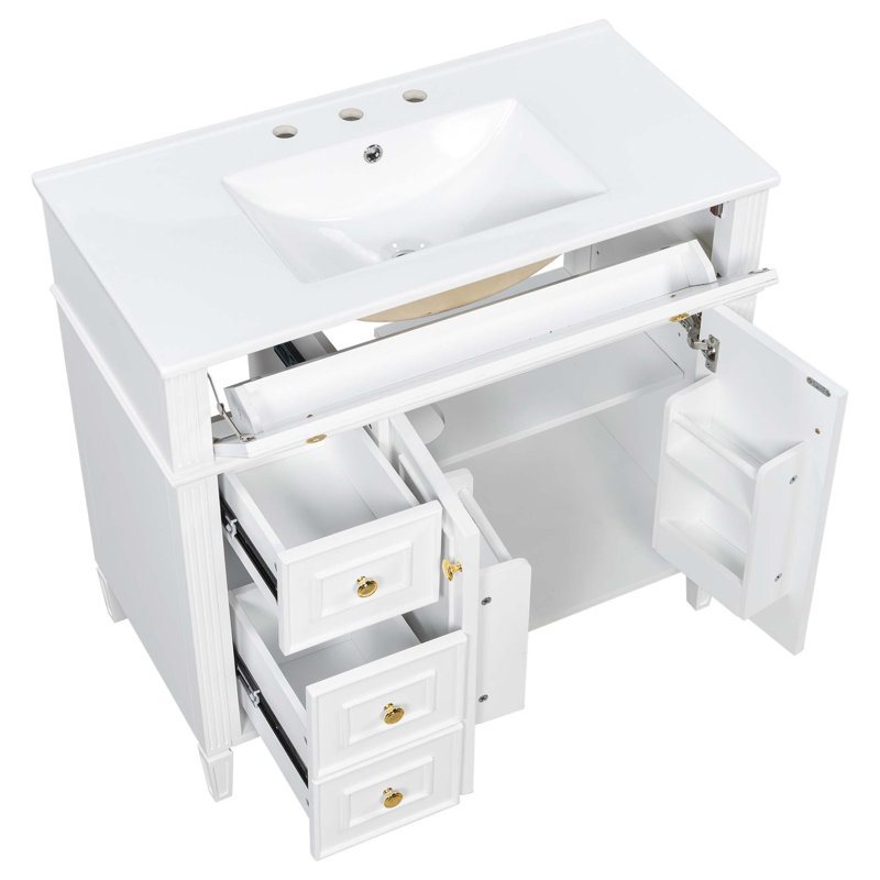 Meuble-lavabo moderne avec tiroir escamotable et quincaillerie à fermeture en douceur, Blanc