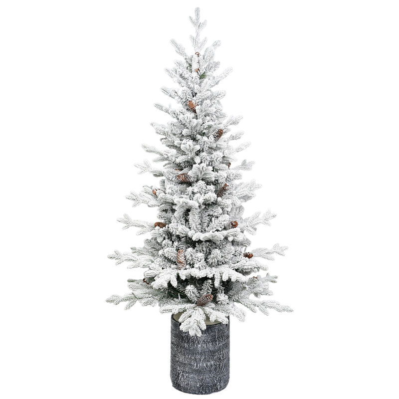 Pre-lit Flocked Potted Artificial Christmas Tree with Pine Cones and Warm LED Lights, 4.5' H