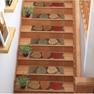 Slip Resistant Machine Washable Floral Leaves Brown Low Pile Stair Tread