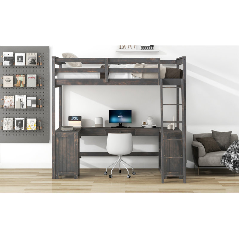 Lit mezzanine avec bureau en U, Lit simple, Brun antique