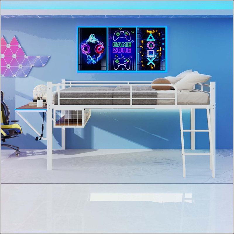 Lit mezzanine double en métal avec bureau intégré et bande lumineuse à DEL, Blanc
