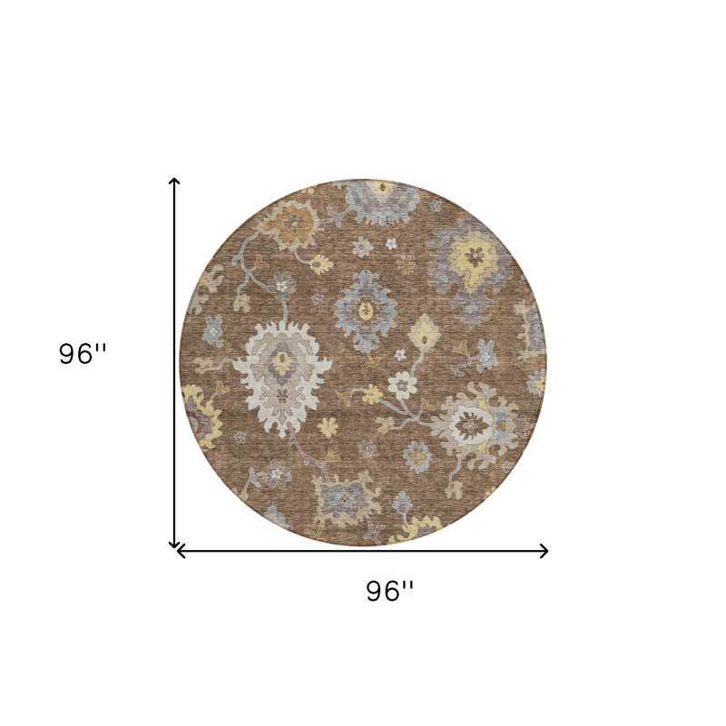 Tapis extérieur rond lavable floral taupe et blanc 8 pi