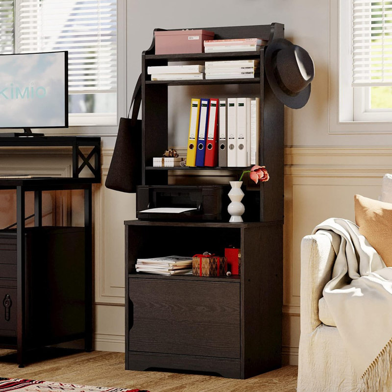 Nightstand, 55" Tall End Side Table with Charging Station and Storage Cabinet, Black