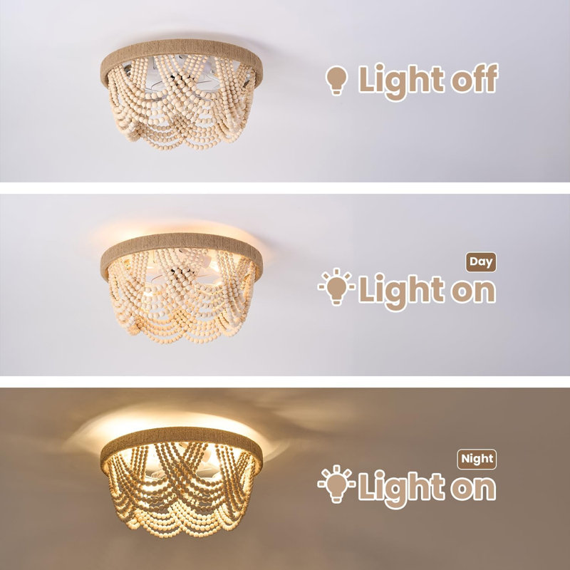 Cage Shaped Wooden Bead Flat Hanging Lamp Ceiling Fan