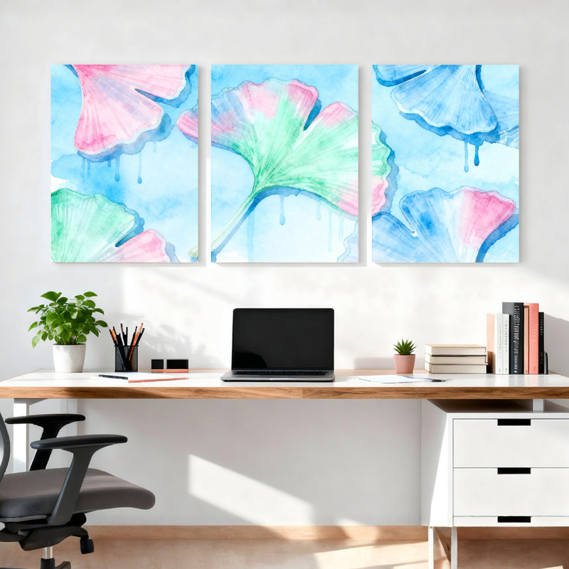 «Watercolor Ginkgo Leaves», art mural sur toile, impression florale abstraite (ensemble de 3), H 30 po x l 60 po