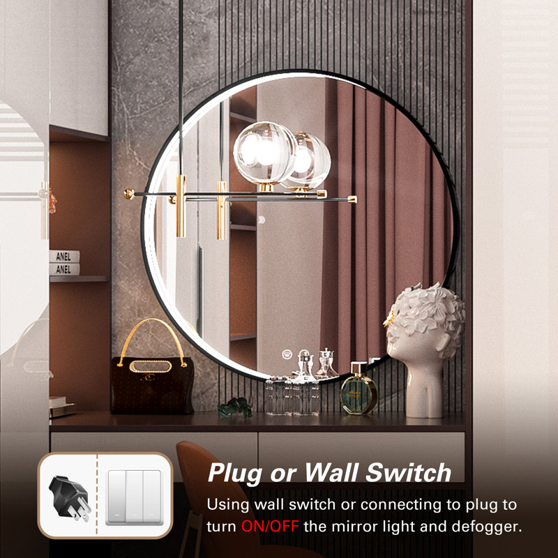 Akhiya Black Metal Frame LED Round Vanity Mirror with Lights, with Anti-Fog Dimmable Function, 32" x 32"