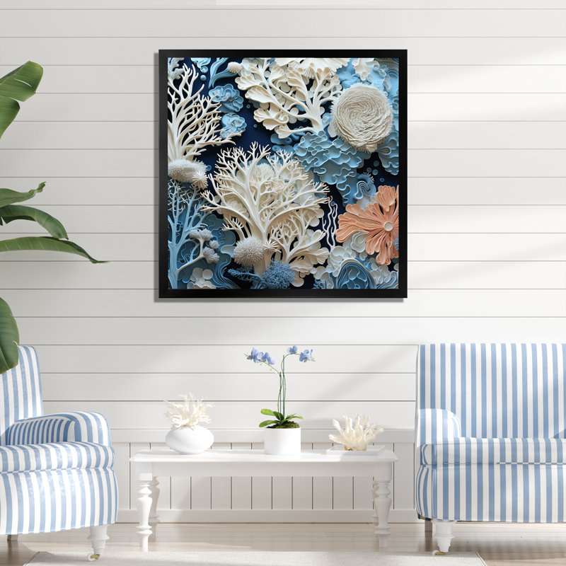Under Water Blue and White Corals Collage I - Coastal, reproduction sur toile encadrée, H 16 po x l 16 po x P 1 po