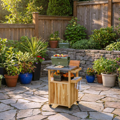 Îlot de cuisine en bois, chariot de barbecue extérieur, plateau en acier inoxydable, roulettes, trou intégré