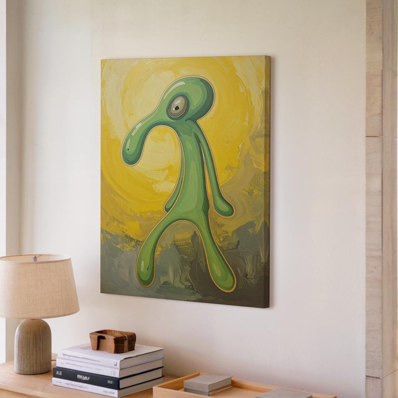 Toile, art mural surréel humanoïde sur toile vert, personnage de dessin animé original prêt à accrocher, H 9 po x l 12 po