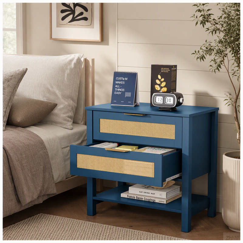 Table de chevet étroite en rotin avec 2 tiroirs et tablette de rangement Boho