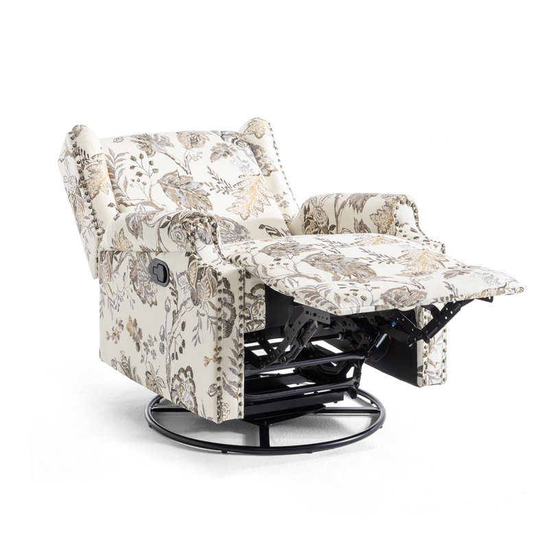 Upholstered Classic Wing Back Manual Handle Swivel Rock Glider Recliner with Naihead Trims, Plants Beige
