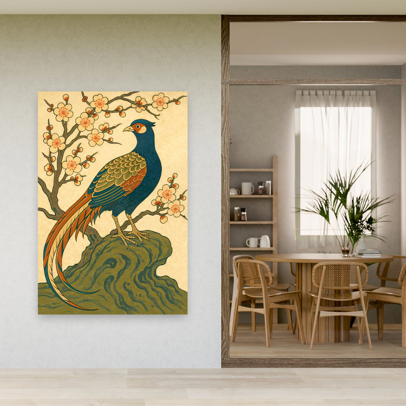 Art mural bleu, faisan bleu et fleurs, H 60 po x l 40 po