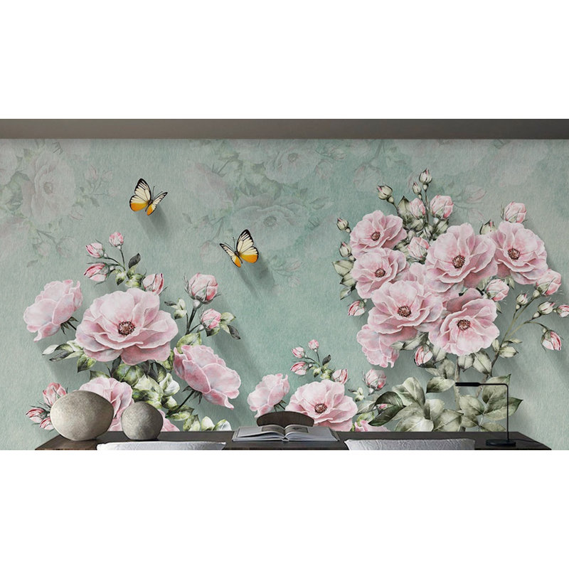 Papier peint à motif de fleurs rose pastel jaune, L 75 po x l 112 po