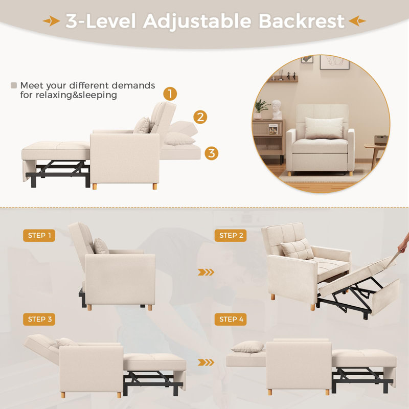 Beige Linen Convertible Sleeper Chair with Adjustable Backrest