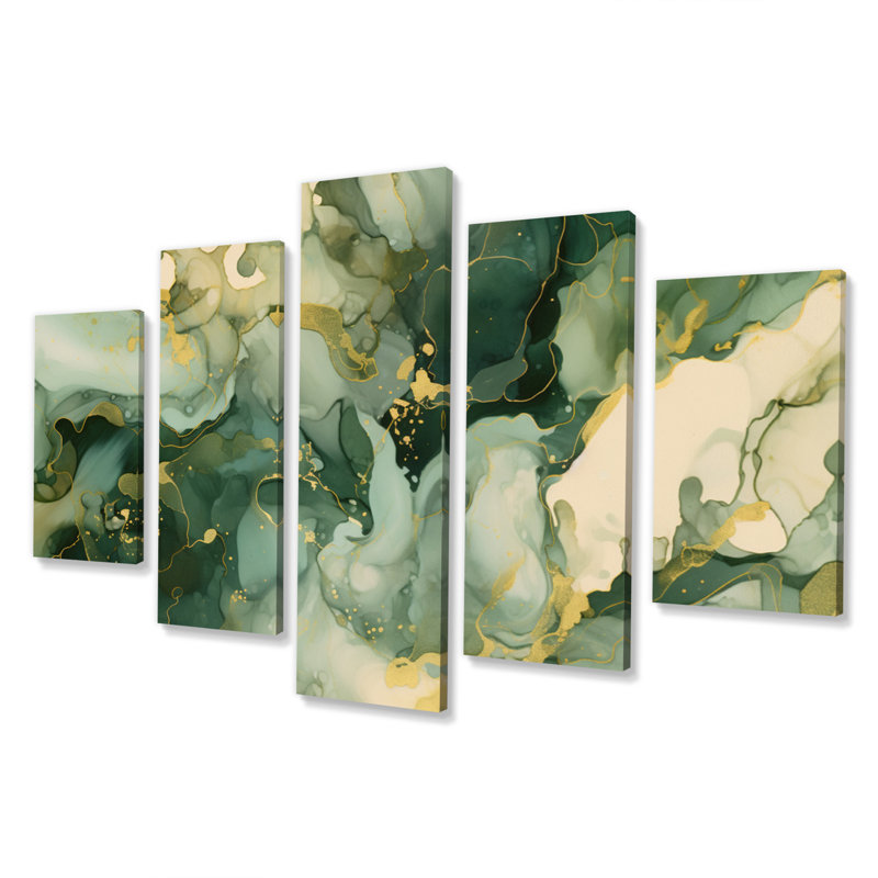«Green Luxury Abstract Fluid Art I - Fractals Wall Decor», 5 panneaux