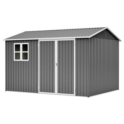 10' Dark Gray Steel Storage Shed – Oversized Outdoor Tool Shed With Window, Lockable Doors & Sloped Roof – Heavy Duty For Garden, Patio, Backyard